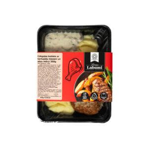 Kartupeļu biezenis ar cūkgaļas kotleti un sēņu mērci